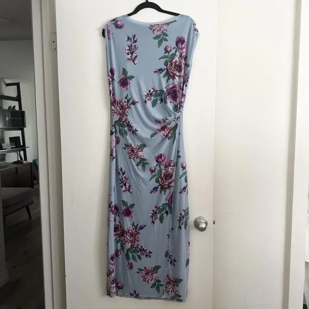 Free People Light Blue Floral Sleeveless Maxi Dress with Purple Roses